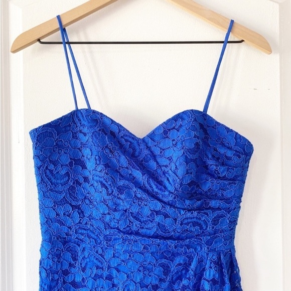 DAVID’S BRIDAL Floral Lace Ruched Dress Horizon Blue Bridesmaid Cocktail - Picture 4 of 11